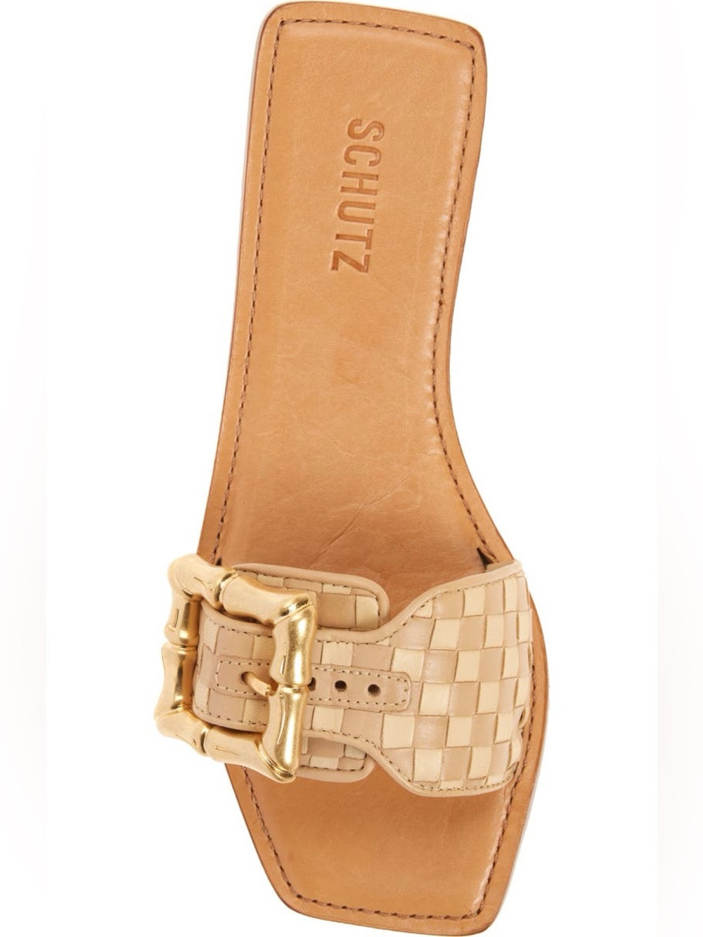 Schutz Enola Slide Bamboo Sandal Gold Buckle  Cream & Taupe Size 9 Womens